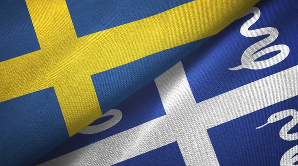 Svezia e Martinica serpente due bandiere tessuto, tessitura tessuto — Foto Stock