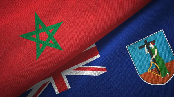 Marokko en Montserrat twee vlaggen textiel doek, stof textuur — Stockfoto