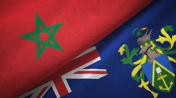 Marokko en Pitcairn Eilanden twee vlaggen textiel doek, stof textuur — Stockfoto