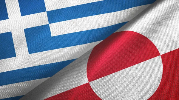 Grecja i Grenlandia dwie flagi tkaniny tekstylne, tekstura tkaniny — Zdjęcie stockowe