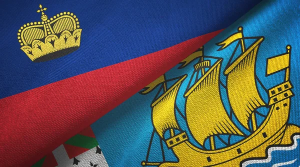 Liechtenstein en Saint Pierre en Miquelon twee vlaggen textiel doek — Stockfoto