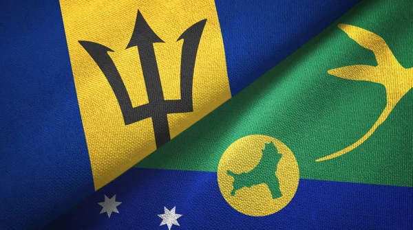 Barbados és Christmas Island két zászló textilszövet, szövet textúra — Stock Fotó