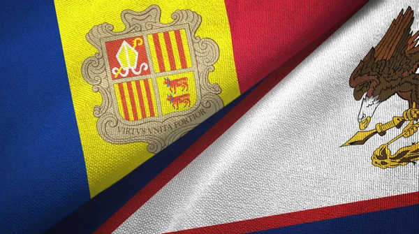 Andorra e Samoa Americana duas bandeiras de pano têxtil, textura de tecido — Fotografia de Stock