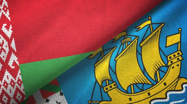 Weißrussland und heiliger pierre und miquelon zwei flaggen textilstoff, textur — Stockfoto