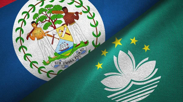 Belize en Macau twee vlaggen textiel doek, stof textuur — Stockfoto