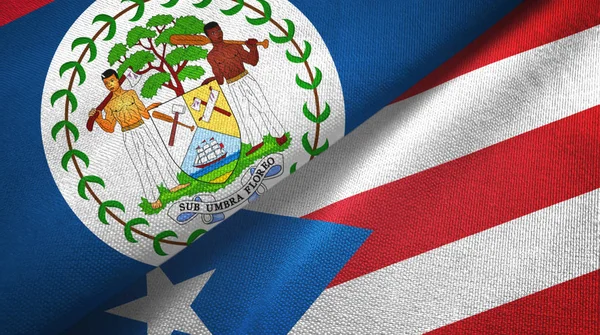 Belize és Puerto Rico két zászlós textilszövet, szövet textúra — Stock Fotó