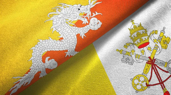 Bhutan i Watykan dwie flagi tkaniny tekstylne, tekstura tkaniny — Zdjęcie stockowe