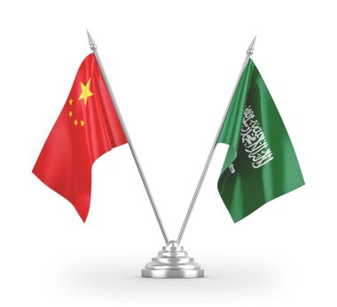 Saudi Arabia and China table flags isolated on white 3D rendering