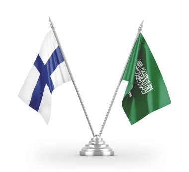 Saudi Arabia and Finland table flags isolated on white 3D rendering
