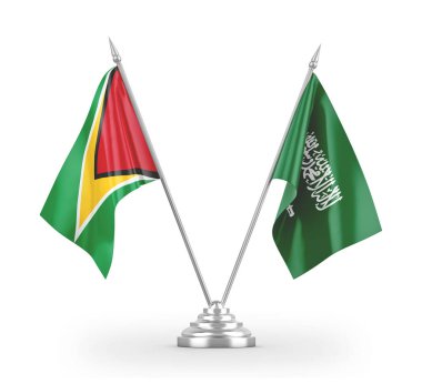 Saudi Arabia and Guyana table flags isolated on white 3D rendering