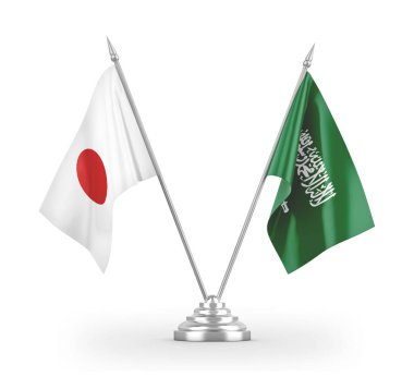 Saudi Arabia and Japan table flags isolated on white 3D rendering