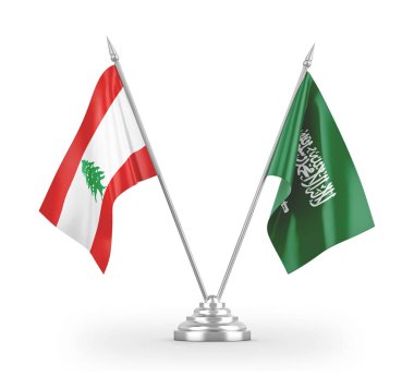 Saudi Arabia and Lebanon table flags isolated on white 3D rendering