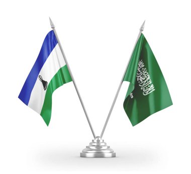 Saudi Arabia and Lesotho table flags isolated on white 3D rendering