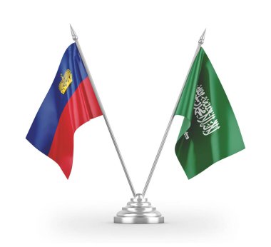 Saudi Arabia and Liechtenstein table flags isolated on white 3D rendering
