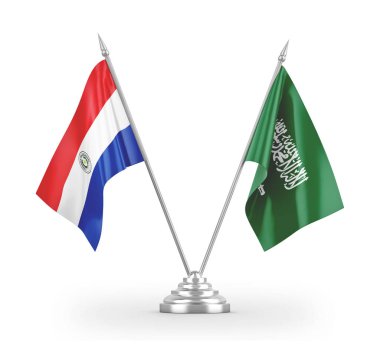 Saudi Arabia and Paraguay table flags isolated on white 3D rendering