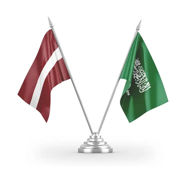 Saudi Arabia and Latvia table flags isolated on white 3D rendering — ストック写真