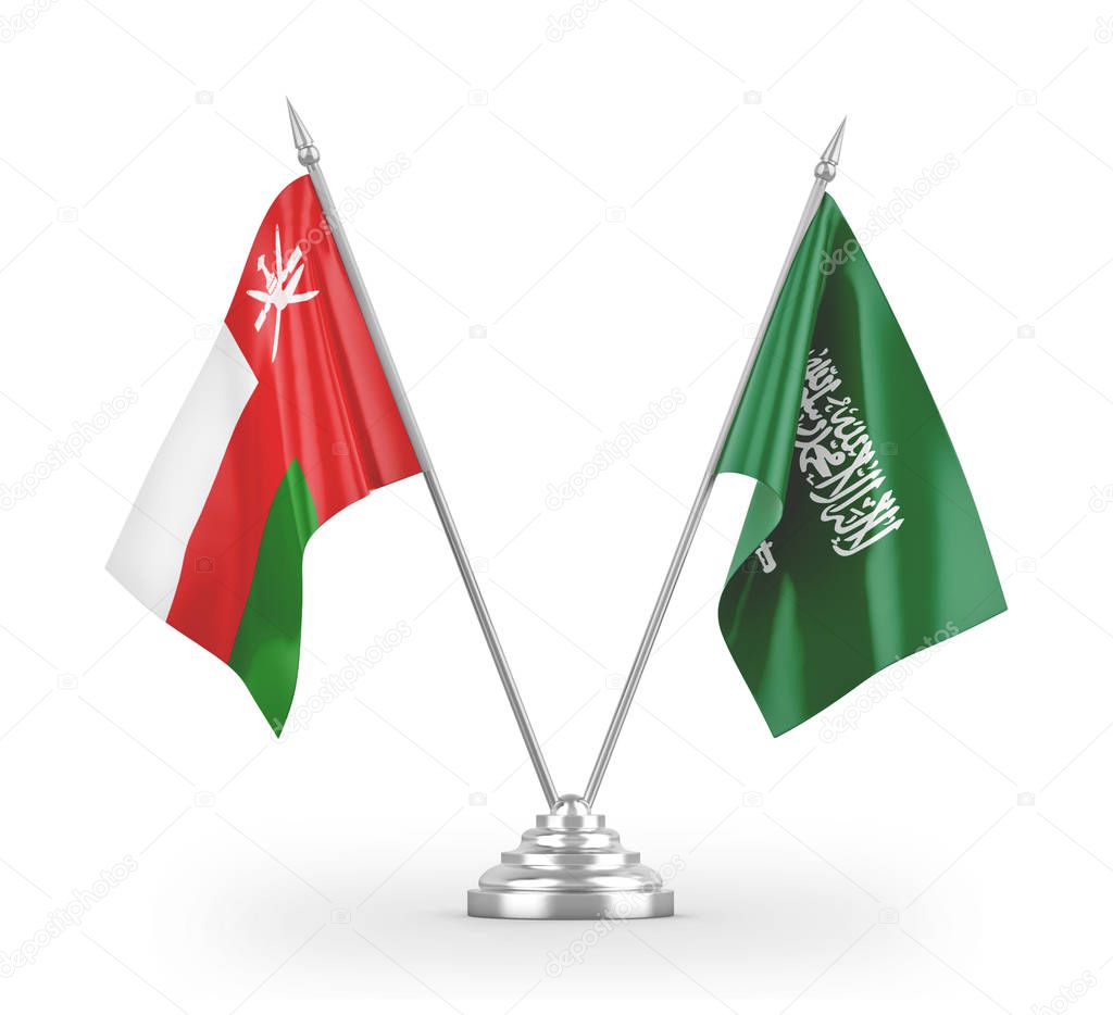 Saudi Arabia and Oman table flags isolated on white 3D rendering