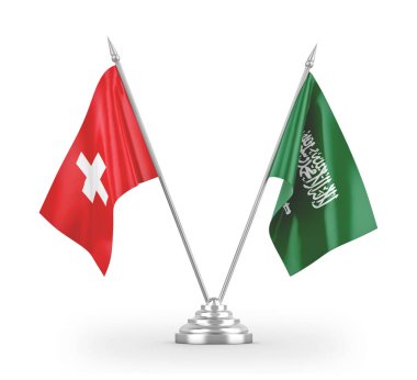Saudi Arabia and Switzerland table flags isolated on white 3D rendering