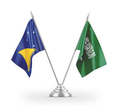 Saudi Arabia and Tokelau table flags isolated on white 3D rendering
