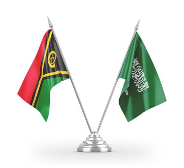 Saudi Arabia and Vanuatu table flags isolated on white 3D rendering
