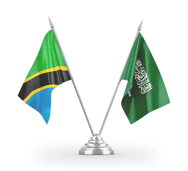 Banderas de mesa de Arabia Saudita y Tanzania aisladas en renderizado 3D blanco — Foto de Stock