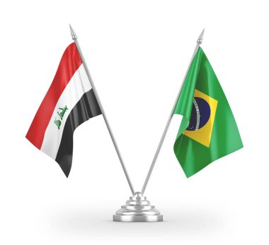 Brazil and Iraq table flags isolated on white 3D rendering