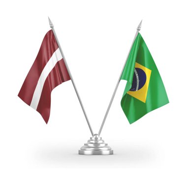 Brazil and Latvia table flags isolated on white 3D rendering