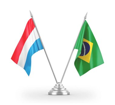 Brazil and Luxembourg table flags isolated on white 3D rendering