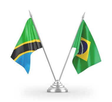 Brazil and Tanzania table flags isolated on white 3D rendering