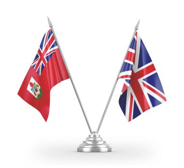 United Kingdom and Bermuda table flags isolated on white 3D rendering