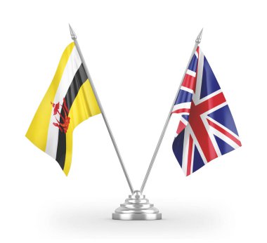 United Kingdom and Brunei table flags isolated on white 3D rendering