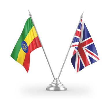 United Kingdom and Ethiopia table flags isolated on white 3D rendering