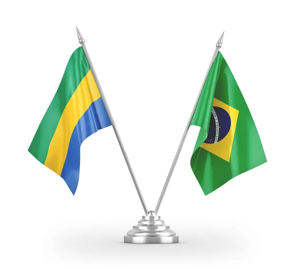Banderas de mesa Brasil y Gabón aisladas en renderizado 3D blanco — Foto de Stock