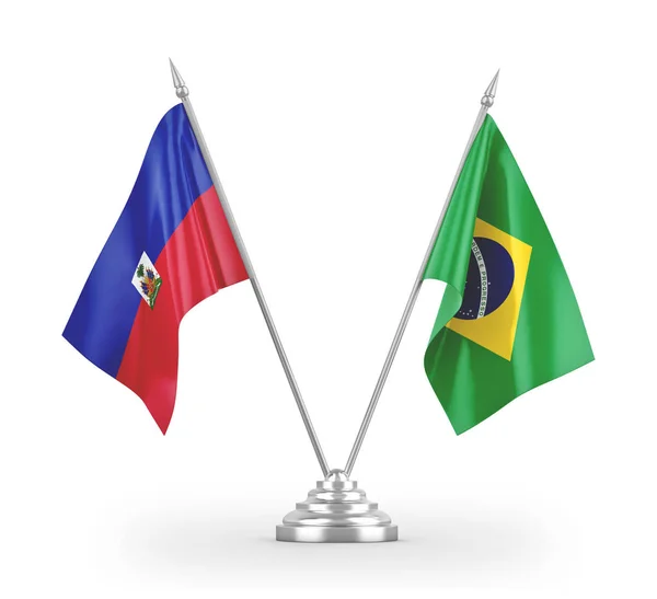 Banderas de mesa Brasil y Haití aisladas en renderizado 3D blanco — Foto de Stock