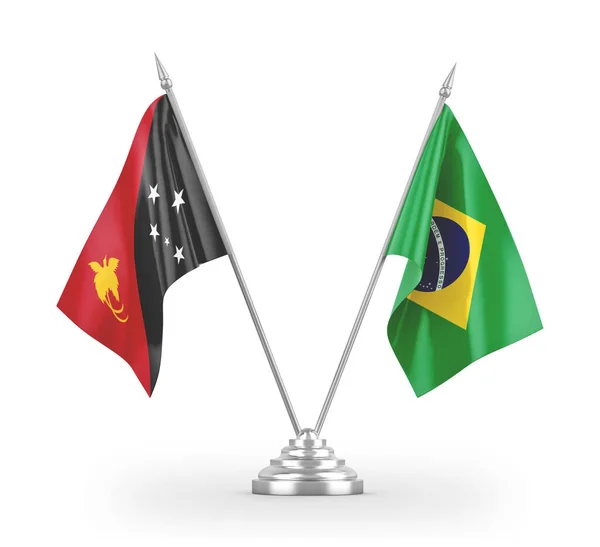 Banderas de mesa Brasil y Papúa Nueva Guinea aisladas en renderizado 3D blanco — Foto de Stock