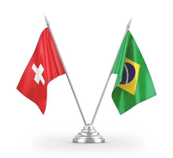 Brazil and Switzerland table flags isolated on white 3D rendering — 图库照片