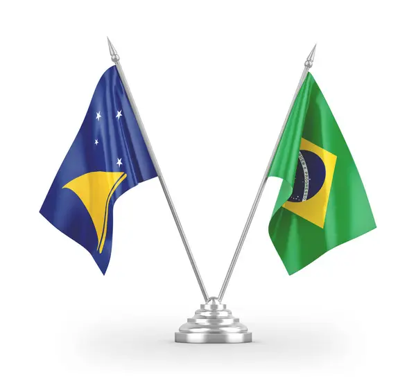 Brazil and Tokelau table flags isolated on white 3D rendering — 图库照片