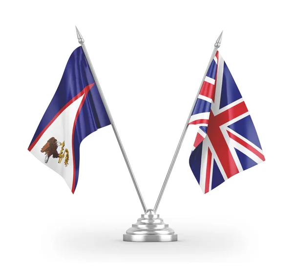 Bandeiras de mesa do Reino Unido e da Samoa Americana isoladas em renderização 3D branca — Fotografia de Stock