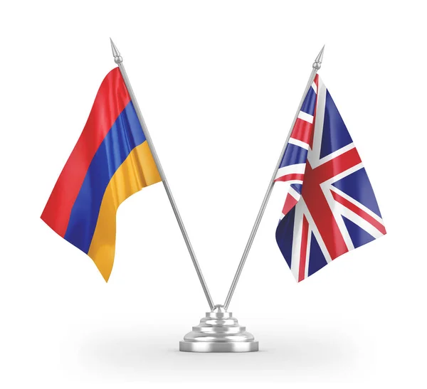 Banderas de mesa del Reino Unido y Armenia aisladas en renderizado 3D blanco — Foto de Stock