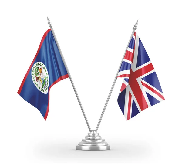 Bandeiras de mesa do Reino Unido e Belize isoladas em renderização 3D branca — Fotografia de Stock