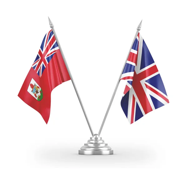 Bandeiras de mesa do Reino Unido e Bermudas isoladas em renderização 3D branca — Fotografia de Stock