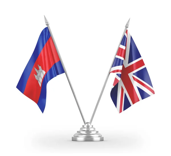 Bandeiras de tabela do Reino Unido e Camboja isoladas em renderização 3D branca — Fotografia de Stock