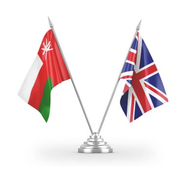 United Kingdom and Oman table flags isolated on white 3D rendering