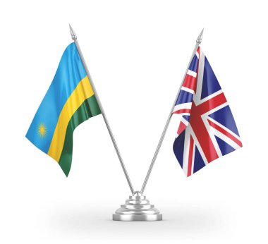 United Kingdom and Rwanda table flags isolated on white 3D rendering