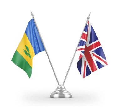 United Kingdom and Saint Vincent and the Grenadines table flags isolated on white 3D rendering