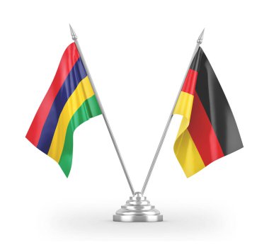 Germany and Mauritius table flags isolated on white 3D rendering