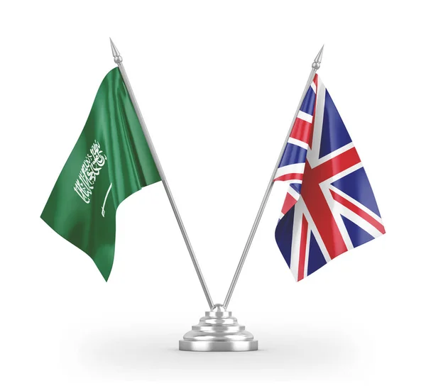 Bandeiras de mesa do Reino Unido e da Arábia Saudita isoladas em renderização 3D branca — Fotografia de Stock