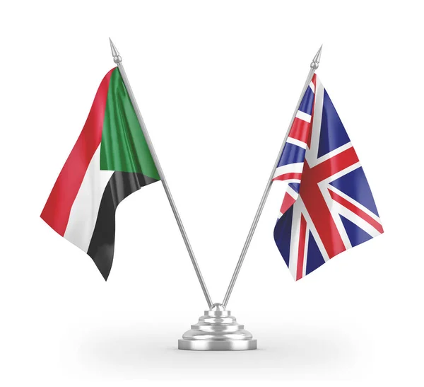 United Kingdom and Sudan table flags isolated on white 3D rendering — ストック写真