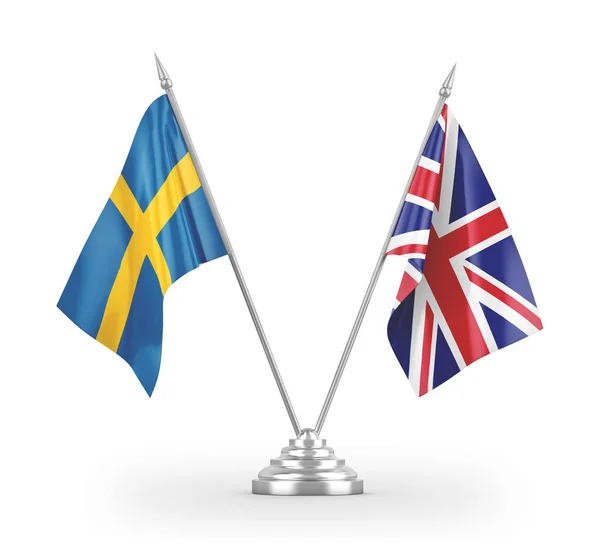 United Kingdom and Sweden table flags isolated on white 3D rendering — Stok fotoğraf