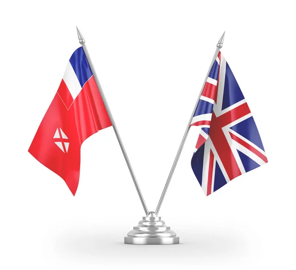 Bandeiras de mesa do Reino Unido e Wallis e Futuna isoladas em renderização 3D branca — Fotografia de Stock